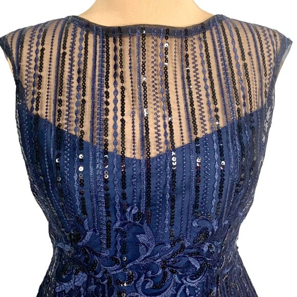 Adrianna Papell Lace Sequin Taffeta Cocktail Dress 10 Knee Length Fit Flare Navy - Picture 6 of 12